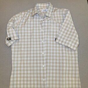 Hermes Checkered Logo tan mens neutral Button down short sleeve shirt